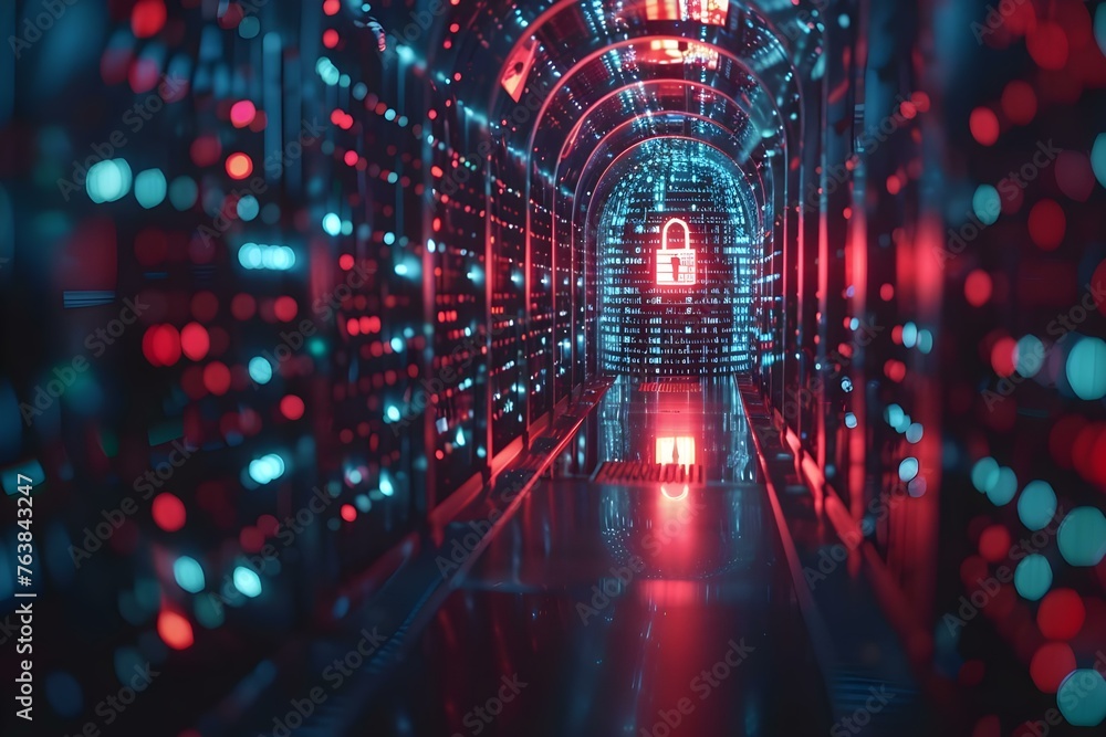 Poster symbolic representation of cybersecurity breach through digital data flowing from vault. concept cyb