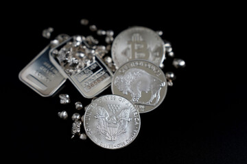 Silver coins and bars 999 precious metal for economy money investing