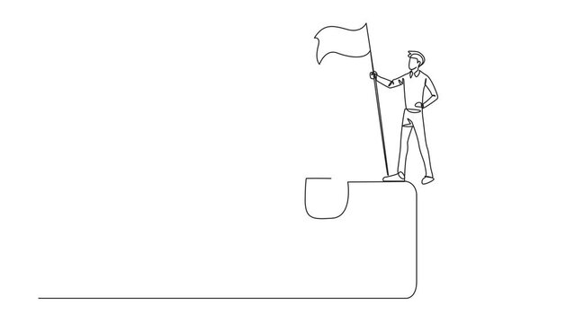 Animation of one line drawing of a young businessman standing on a giant briefcase holding a flag. Startup business. Full length motion