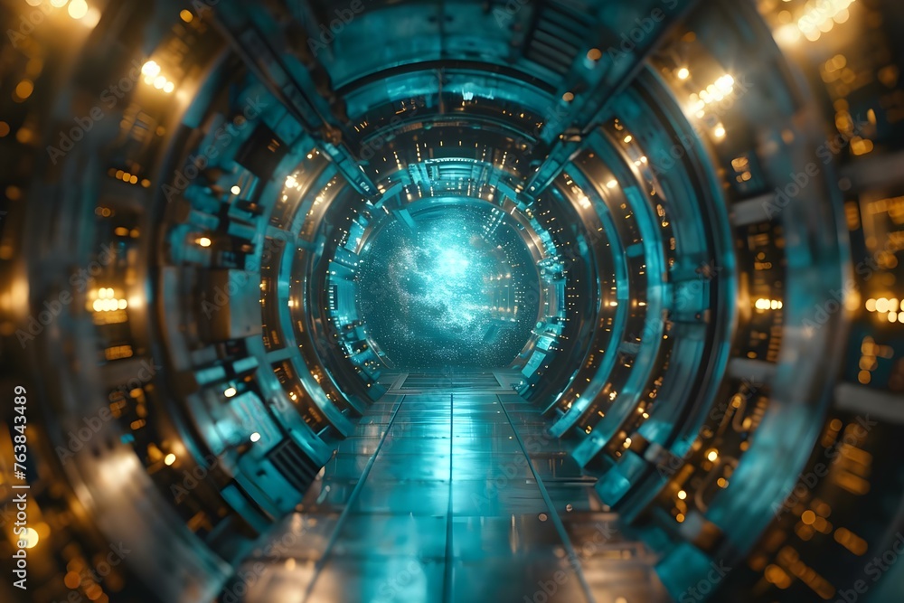 Poster symbolic representation of a cybersecurity breach: digital data flowing from the vault. concept digi