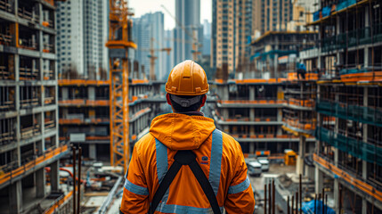 Foreman Overseeing Construction Progress at an Urban High-Rise Site
 - obrazy, fototapety, plakaty