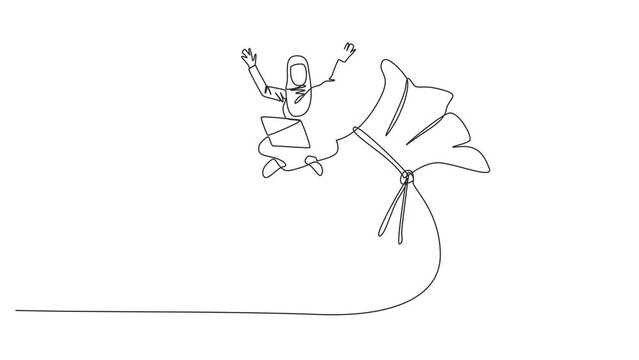 Animated self drawing of one line drawing of Arabian businesswoman sitting on giant money bag while putting laptop. Full length single line animation