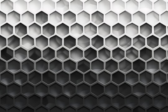 A honeycomb pattern in black and white colors, dirty and geometric 3D hexagons texture. AI Generated.