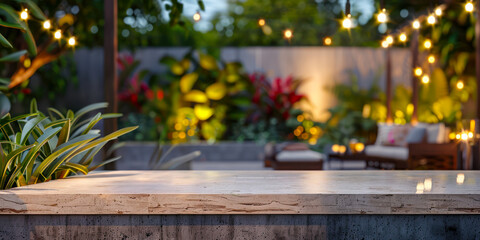 empty tabletop in restaurant or home backyard garden, background banner with copy space of: dais podium counter product display pedestal platform for: evening event night party festive celebration