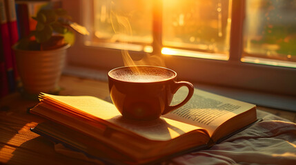 A cup of coffee on a book with the sun behind it