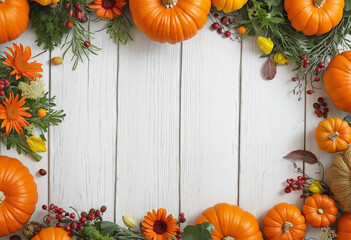 Festive autumn composition from pumpkins and flowers on a white wooden background colorful background