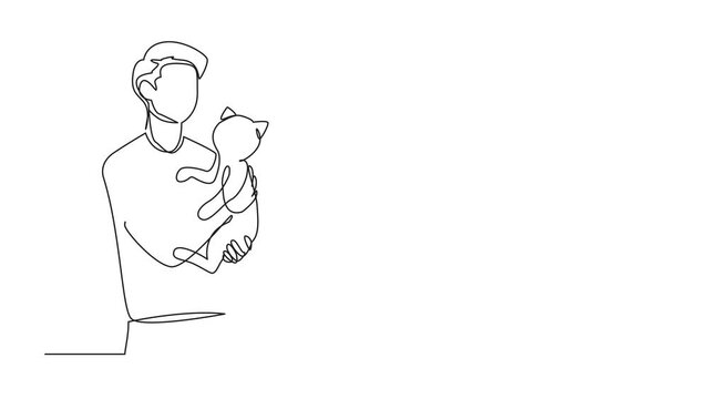 Self drawing animation of single one line drawing of young handsome man with casual t-shirt holding cute cat. Male pet owner plays with little cat. taking care of a pet like cat. Full length animated