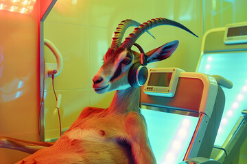 young antelope wearing headphones in a solarium - obrazy, fototapety, plakaty