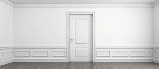 Illustration of a room painted white with a single door and a floor made of wooden planks