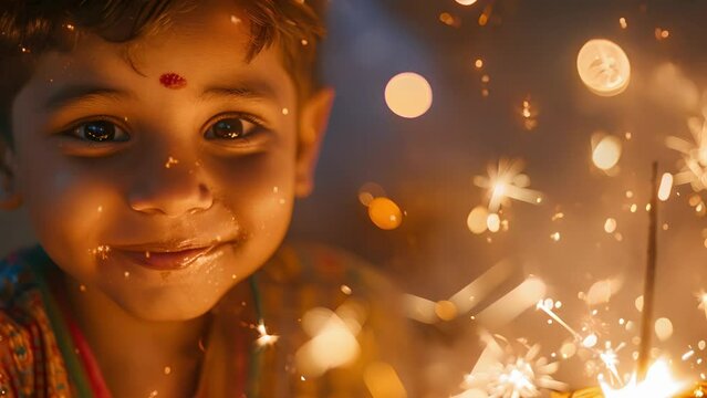A childs joyfilled face illuminated by the light from sparklers and firecrackers as they join in the Diwali celebrations with family.
