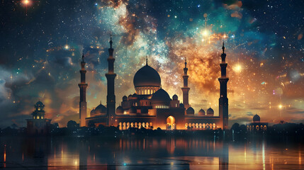 A painting depicting a grand mosque against a backdrop of a sky filled with shining stars creating a mesmerizing scene - obrazy, fototapety, plakaty