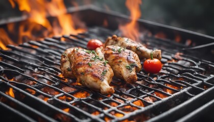 grilled chicken legs on the flaming grill with grilled vegetables with tomatoes, potatoes, pepper