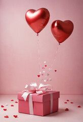 Pink gift box and red heart bloons colorful background