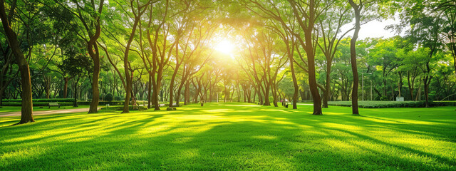 A beautiful park with lush green trees and sunlight filtering through the leaves, creating an inviting atmosphere for relaxation or outdoor activities