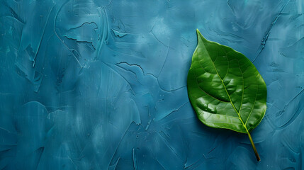A single large green leaf rests on top of a smooth blue surface