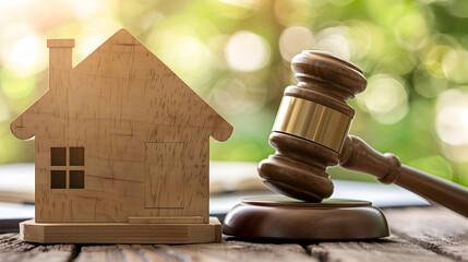 A wooden judges gavel placed next to a small house symbolizing the concept of justice and legal matters in a residential setting