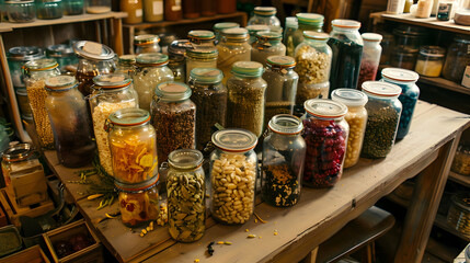 Fototapeta na wymiar A wooden table covered with numerous jars filled with various types of food items such as grains spices and preserves