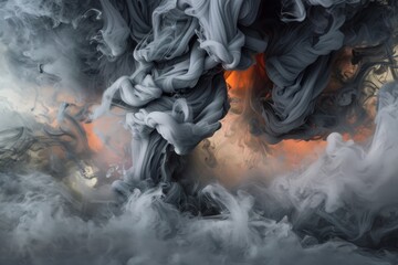 Intricate dance of grey smoke swirls with warm orange glows, creating an ethereal and dynamic abstract image.