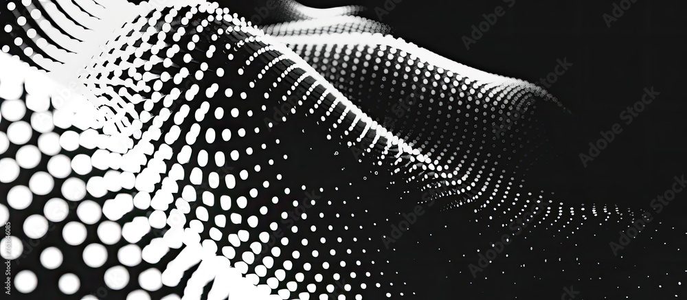 Poster a monochrome image showcasing a wave pattern created from dots on a black background, giving a sense