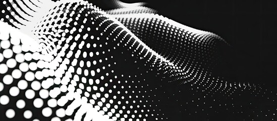 A monochrome image showcasing a wave pattern created from dots on a black background, giving a sense of darkness and depth with a synthetic feel