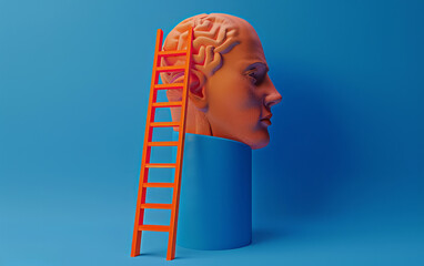Mental health and wellbeing. A ladder leading into a persons head. Concept of imagination