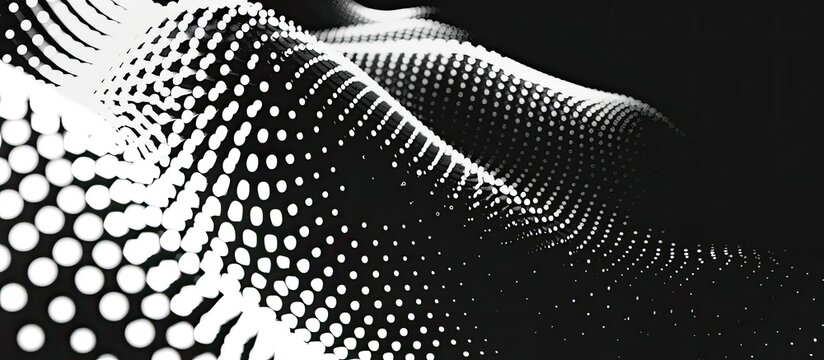 A monochrome image showcasing a wave pattern created from dots on a black background, giving a sense of darkness and depth with a synthetic feel