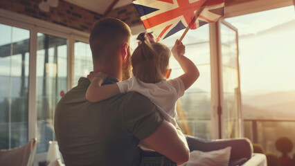 United Kingdom's Proud Family: Father and Daughter Hold Smiling Union Jack Flag
 - obrazy, fototapety, plakaty
