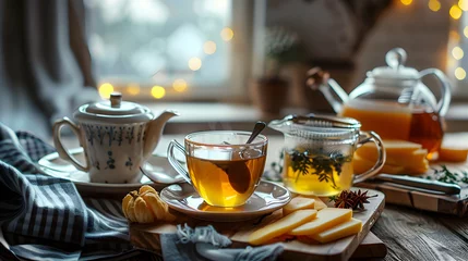 Foto auf Acrylglas Breakfast set with tea and sliced cheese © DESIRED_PIC