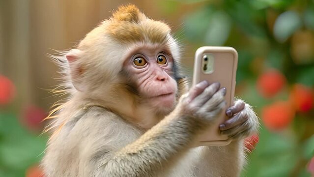 Monkey holding smartphone. Monkey using mobile,taking selfie or texting,social media. Smart animal having fun with technology funny concept 4k video