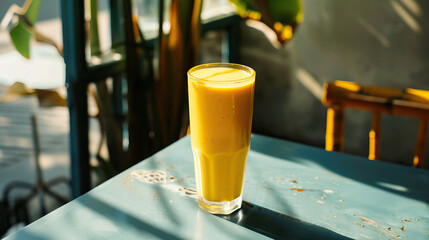 Vegan mango smoothie in glass, product photography, close-up shot, prime lens, outside, outdoors, minimalist table, sustainable cafe with stucco cement walls, isolated shot, sunny, bright soft light
