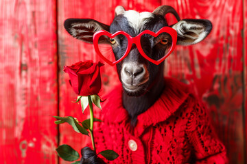 A goat wearing pink sunglasses and a red rose in its mouth. goat is wearing a red shirt and he is posing for a photo. A goat dressed in a red shirt and bright heart shaped glasses holding a red rose