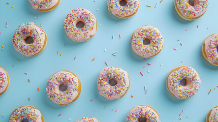 Elevated view of donuts with sprinkles on blue backdrop