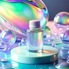 3D elegant clear Bottle mockup render holographic with glossy liquid on wavy iridescent effect background. For skincare beauty 
