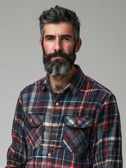 Obraz premium Image captures a stern-looking man with beard, wearing a plaid shirt against a plain background