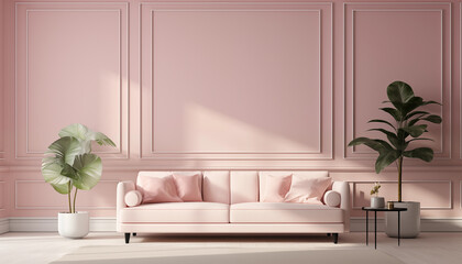 living room with light pink walls, baseboard, sofa, plants, white lamp, and floor