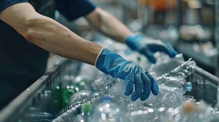 The hands of the employee in gloves are close-up. On the conveyor for recycling and sorting garbage from plastic bottles, glasses of different sizes, garbage sorting and recycling concept - obrazy, fototapety, plakaty