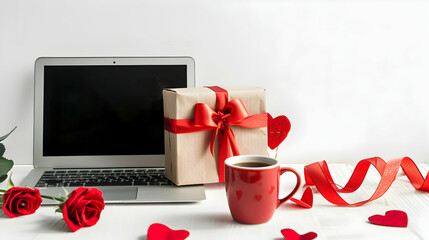 Laptop gift box with heart and coffee on white background valentine day online