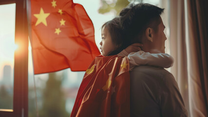 Chinese Family Proudly Waving Smiling Flags of China - obrazy, fototapety, plakaty