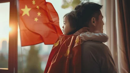 Gordijnen Chinese Family Proudly Waving Smiling Flags of China © Andriy
