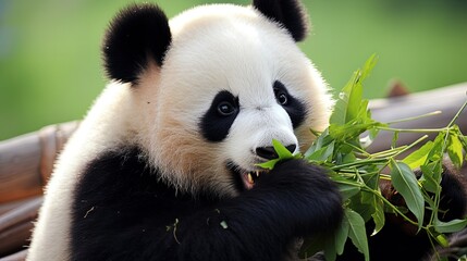 A panda eats a large bamboo stalk. Contented panda enjoying bamboo feast.