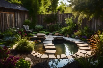 A charming backyard pond with a tiny stone pathway leading to a nice resting place, ideal for relaxing.