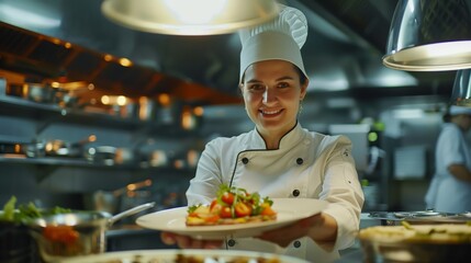 female chef cooks and presents a dish in the kitchen of a luxury restaurant