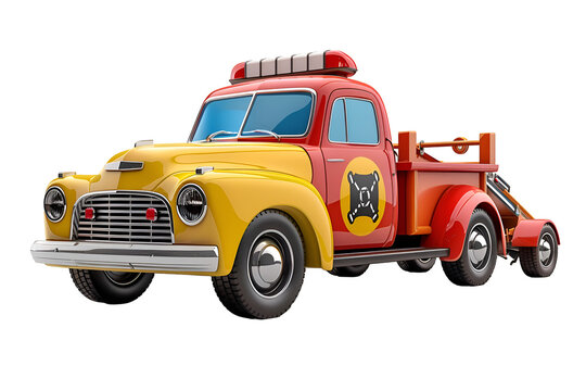 A 3D animated cartoon render of a smiling tow truck towing a colorful car with a flat tire.