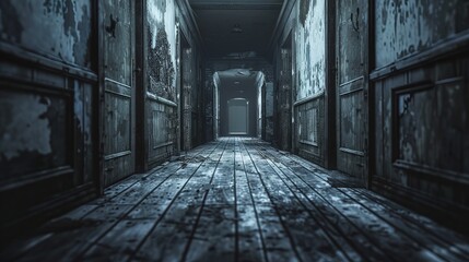 As you step cautiously forward in hospital, the floorboards creak beneath your weight, echoing through the desolate corridor like whispers from the past.  - obrazy, fototapety, plakaty
