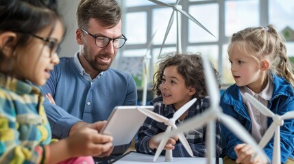 Teacher holding tablet computer explains to young children how wind turbines work in classroom....