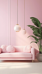 living room with light pink walls, baseboard, sofa, plants, white lamp, and floor