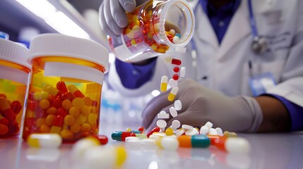 pharmacist filling medication bottle with colorful pills - obrazy, fototapety, plakaty