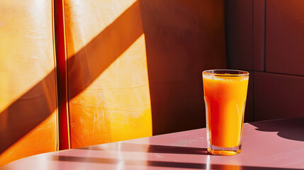 Product photography, close-up shot, prime lens, outside, outdoors, glass with fresh orange juice, minimalist table, sustainable cafe with stucco cement walls, isolated shot, sunny, bright soft light, 
