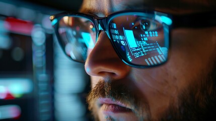 Data from a computer network is reflected in the glasses of a criminal hacker - obrazy, fototapety, plakaty