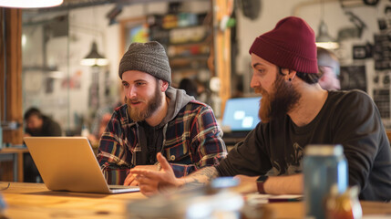 Male hipster entrepreneurs working with laptop at desk in creative office.